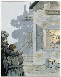 Hendrik IV (1553-1610) en de kip in de pot: de koning observeert de maaltijd van een boerengezin en wil hun levensomstandigheden verbeteren dankzij de kip in de pot. In „Frankrijk, zijn geschiedenis verteld door G. Montorgueil, geïllustreerd door Job”