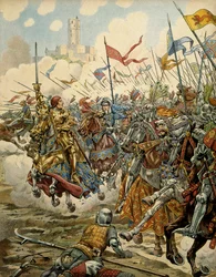 Geschiedenis van Frankrijk in de Middeleeuwen: Koning Lodewijk XI genaamd de Voorzichtige (1423-1483) aan het hoofd van zijn leger tijdens de Slag bij Montlhéry tegen de Ligue du Bien Public, 16 juli