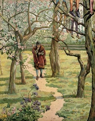 Geschiedenis van Frankrijk in de Middeleeuwen: koning Lodewijk XI, bekend als de Voorzichtige (1423-1483), in de tuinen van het kasteel van Plessis-les-Tours, Indre en Loire. Mensen werden gezien hangend aan bomen