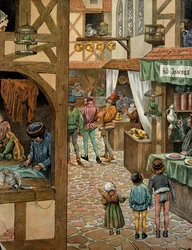 Geschiedenis van Frankrijk in de middeleeuwen: straat in Parijs nadat koning Lodewijk XI, de Voorzichtige genoemd (1423-1483), het Verdrag van Péronne met Karel de Stoute had ondertekend. Parijzenaars hadden papegaaien gekocht die zij hadden geleerd