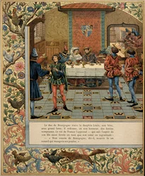 Geschiedenis van Frankrijk in de Middeleeuwen: de hertog van Bourgondië Filips de Goede (1396-1467) heeft een tafel met zijn uitnodiging de dolfijn Lodewijk (toen koning van Frankrijk Lodewijk XI, bijgenaamd de Voorzichtige)