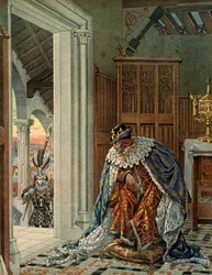Geschiedenis van Frankrijk in de Middeleeuwen: Koning Lodewijk XI de Voorzichtige (1423-1483) bang voor de dood in harnas op de drempel. Illustratie door Jacques Marie Gaston Onfray de Breville, bekend als JOB (1858-1931)