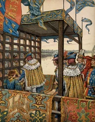 Geschiedenis van Frankrijk in de Middeleeuwen: ontmoeting tussen de koning van Frankrijk Lodewijk XI, bekend als de Voorzichtige (1423-1483), en Eduard IV van Engeland (1442-1483) in Picquigny voor de ondertekening van een zevenjarige wapenstilstand op 29 