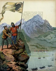 Geschiedenis van Frankrijk in de Middeleeuwen: de troepen van Karel de Stoute (1433-1477), hertog van Bourgondië, betreden het land van Vaud in Zwitserland. Illustratie door Jacques Marie Gaston Onfray de Breville, bekend als JOB (1858-1931)