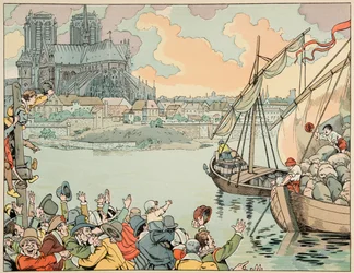 Illustratie uit het boek Le bon roy Henri, geïllustreerd door Jacques Marie Gaston Onfray de Breville, genaamd JOB (1858-1931): Parijs herbevoorraad - Privécollectie
