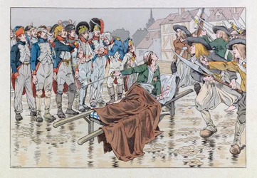 Illustratie uit het boek Les epees de France: De markies de Bonchamps dodelijk gewond na de slag bij Cholet in 1793 redt republikeinse gevangenen uit de handen van de chouans