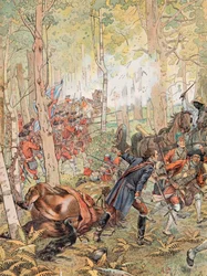 Jacques Marie Gaston Onfroy de Breville, bekend als JOB (1858-1931) - George Washington bij de Slag om Monongahela tegen de Fransen op 9 juli