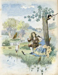 Jean de La Fontaine (1621-1695) praat met een jong meisje. Om hen heen dieren die voorkomen in de fabels van de dichter: wolf, lam, ooievaar, schildpad, rat, kikker, haas, vos, raaf... in 