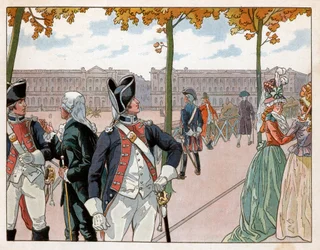 Joachim Murat en Bessieres in Parijs in 1791 in het kostuum van de constitutionele garde van de koning. Gravure door Jacques Marie Gaston Onfray de Breville, genaamd Job