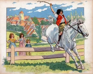 Joachim Murat (1767-1815) als kind op een paard traint om heggen te springen. Gravure door Jacques Marie Gaston Onfray de Breville, genaamd Job