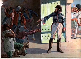 Joachim Murat (1767-1815), afgezette koning van Napels, gevangene in de vesting van de haven van Pizzo, verdeelde zijn geld aan gevangen bandieten met hem in 1815. Gravure door Jacques Marie Gaston Onfray de Breville, genaamd Job (1858-1931)