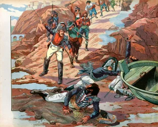 Joachim Murat (1767-1815), afgezette koning van Napels, gevangen genomen in Pizzo in Calabrië door de vijandige menigte in 1815. Gravure door Jacques Marie Gaston Onfray de Breville, genaamd Job