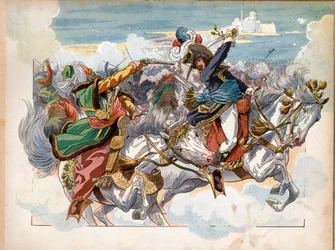 Joachim Murat (1767-1815) tijdens de Slag bij Aboukir in 1799, tijdens de Egyptische veldtocht, nam generaal Mustapha Pasha gevangen nadat hij in de kaak was geschoten; na de slag werd hij divisiegeneraal. Gravure door Jacques Marie Gaston Onfray de
