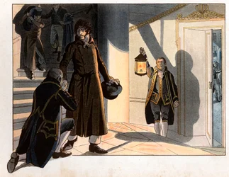 Joachim Murat vluchtte uit zijn paleis in Napels in de nacht van 19 op 20 mei 1815. Gravure door Jacques Marie Gaston Onfray de Breville, genaamd Job