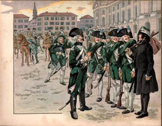 Joachim Murat (1767-1815) trad toe tot het Regiment van Jagers van de Ardennen in 1787. Gravure door Jacques Marie Gaston Onfray de Breville, genaamd Job