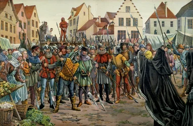 Maria van Bourgondië (1457-1482), hertogin van Bourgondië, vraagt om genade voor haar adviseurs in 1477. Illustratie door Jacques Marie Gaston Onfray de Breville, bekend als JOB (1858-1931) in 