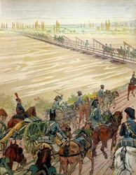 Napoleon I Bonaparte (1769-1821) en zijn leger steken de Rijn over op 1 oktober 1805. In 
