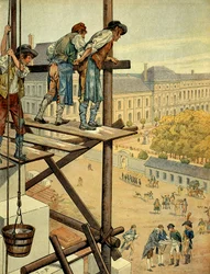 Napoleon I Bonaparte aandachtig voor de architecturale en stedelijke werken van de verbinding tussen het Louvre en het Palais des Tuileries in Parijs met de Place en Rue de Rivoli die begon in 1802.