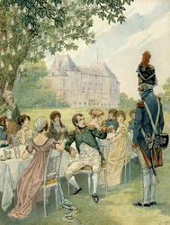 Napoleon I Bonaparte tijdens een lunch in de tuinen van het kasteel van Malmaison. Illustratie door Jacques Marie Gaston Onfray de Breville, bekend als JOB. Privécollectie