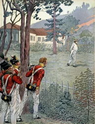 Napoleon I Bonaparte (1769-1821) onder de verbaasde blikken van het Britse leger in gevangenschap op het eiland Sint-Helena