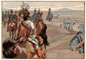 Napoleon I Bonaparte (1769-1821) met Joachim Murat (1767-1815) tijdens de overgave van Ulm in 1805. Gravure door Jacques Marie Gaston Onfray de Breville, genaamd Job (1858-1931)