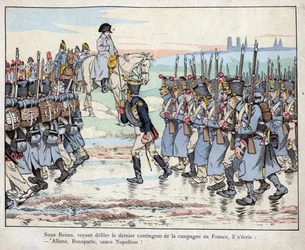 Napoleon kijkt naar het laatste contingent van het leger op het Franse platteland nabij Reims, 16 maart