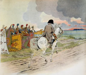 Napoleon die te paard voor zijn troepen passeert wanneer hij in ballingschap vertrekt naar het eiland Elba