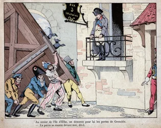 Napoleon verzamelt zijn soldaten in Grenoble bij zijn terugkeer van het eiland Elba - De stad Grenoble opent haar poorten voor Napoleon bij zijn terugkeer uit ballingschap op Elba, 7 maart 1815 - lithografie door Job (Jacques Onfroy de Bréville) uit Le Gra