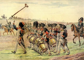 Regiment van het Napoleontische leger dat op het geluid van muziek naar de strijd marcheert, ca. 1900