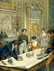 Repetitie van de optocht tijdens de kroning door de schilder Isabey (1767-1855), in aanwezigheid van Joséphine de Beauharnais (1763-1814) en Napoleon I Bonaparte (1769-1821), in het paleis van Fontainebleau. Illustratie door Jacques Marie Gaston Onfray de