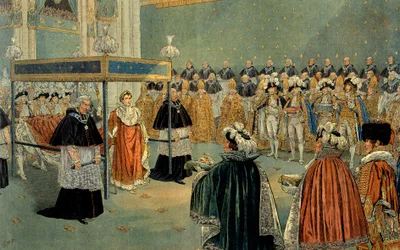 Voorstelling van de kroning van Napoleon I (1769-1821) in de Notre-Dame van Parijs op 02/12/1804. Illustratie door Jacques Marie Gaston Onfray de Bréville, genaamd Job (1858-1931). Privécollectie