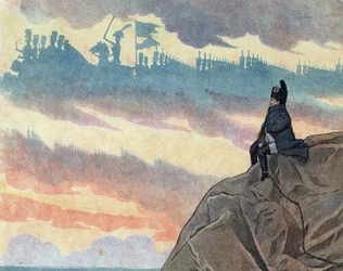 Scène uit de geschiedenis van Frankrijk in speelgoed: Napoleon I Bonaparte (1769-1821) in ballingschap op het eiland Sint-Helena gepresenteerd in een houding van melancholie en eenzaamheid. (detail) In 