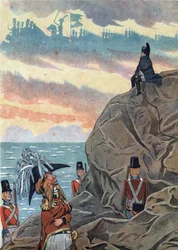 Scène uit de geschiedenis van Frankrijk in speelgoed: Napoleon I Bonaparte in ballingschap op het eiland Sint-Helena, getoond in een houding van melancholie en eenzaamheid. In 