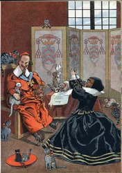 Scène uit de geschiedenis van Frankrijk in speelgoed: vrouw smeekt om vergeving van kardinaal Richelieu, omringd door katten. In 