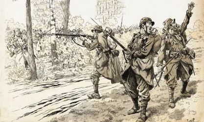 Schiet op hen! Franse soldaten van de oorlog 1914-1918 op patrouille om de sterkte en exacte locatie van de vijand te herkennen. Nadat ze de Duitse troepen hadden gevonden, gaven ze het bevel om te vuren zonder zich zorgen te maken over het gevangen worden