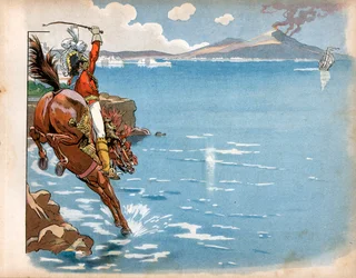 Joachim Murat, koning van Napels, zag een Engelse fregat en reed met zijn paard het water in en viel aan. Gravure door Jacques Marie Gaston Onfray de Breville