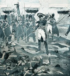 De wacht stierf maar reageerde niet op Generaal Cambronne (1770-1842) die het laatste plein van de Garde commandeerde terwijl de vijand het Franse leger vroeg zich over te geven in de Slag bij Waterloo op 18 juni 1815. Illustratie van Job (Jacques Marie Ga