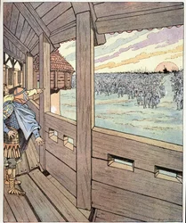 De ijzeren man, dit is Karel de Grote. Woorden van Ogger aan de koning van de Longobarden Didier toen hij koning Karel de Grote of Karel I de Grote (742-814) zag vanaf de muren van Pavia in 774. Illustratie van Job (Jacques Marie Gaston Onfray en Breville)