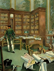 Werkkabinet van Napoleon I Bonaparte (1769-1821) op de eerste verdieping van het Palais des Tuileries, toen hij Eerste Consul was. Bureau met bibliotheek en klok van hout. Illustratie door Jacques Marie Gaston Onfray de Breville, genaamd JOB (1858-1931).
