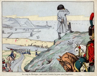 Aanvalsplan op Engeland door het Engelse leger onder leiding van Napoleon vanuit het kamp Boulogne-sur-Mer in maart 1803 - lithografie door Job