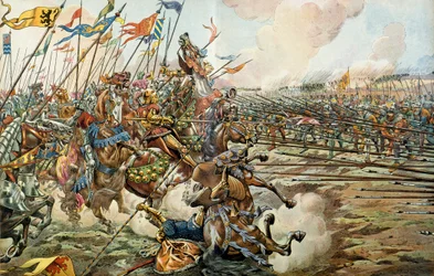 De Slag bij Grandson tussen de Bourgondiërs en de Zwitsers in Grandson, Zwitserland op 2 maart 1476. Illustratie door Jacques Marie Gaston Onfray de Breville, bekend als JOB