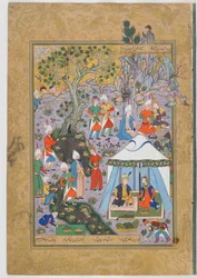 Folio uit een Haft Awrang (Zeven Tronen) van Jami (geb. 1492); recto: Khusraw Parviz en Shirin handelen met de visboer